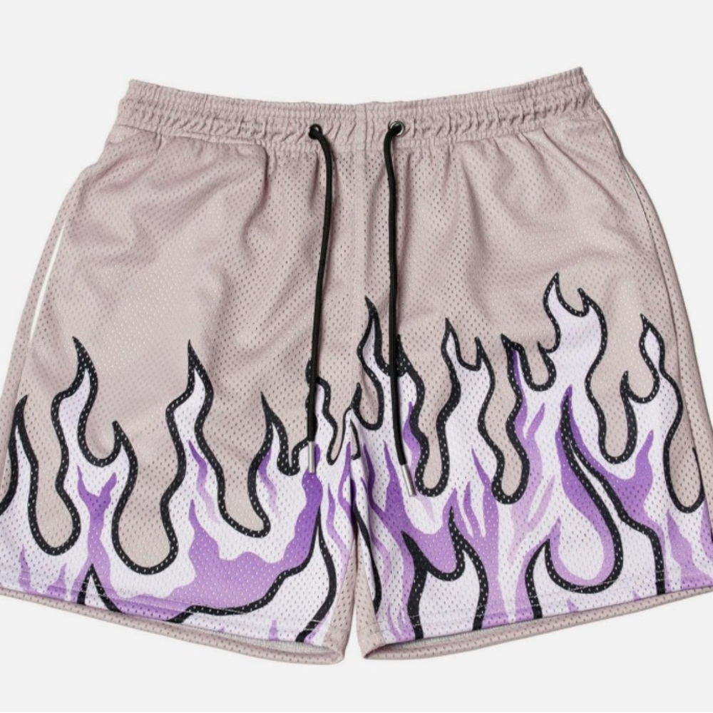 Mens Flame Graphic drawstring Workout Shorts Drawstring Large Flame-purple NWOT